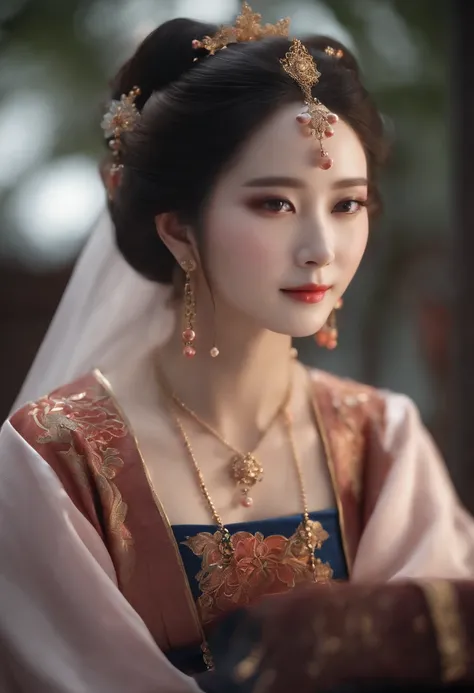 best quality, masterpiece, highres,,blush,(seductive smile:0.8),star-shaped pupils,china hanfu,hair ornament,necklace, jewelry,Beautiful face,upon_body, tyndall effect,photorealistic, dark studio, rim lighting, two tone lighting,(high detailed skin:1.2), 8...