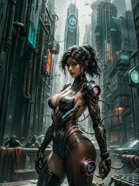 1 Cyberpunk girl, big breasts, revealing BDSM cyberpunk outfit, cowboy shot, dynamic pose, futuristic, mechanical aesthetics, complex machinery, high-tech lighting scene of futuristic city in the background, virtual engine 5, cinematic lighting.