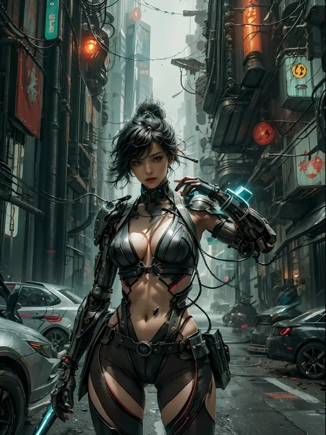 1 Cyberpunk girl, big breasts, revealing BDSM cyberpunk outfit, cowboy shot, dynamic pose, futuristic, mechanical aesthetics, complex machinery, high-tech lighting scene of futuristic city in the background, virtual engine 5, cinematic lighting.