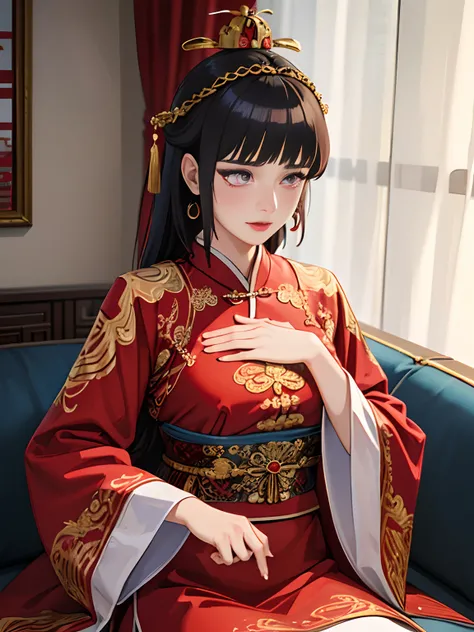 (Best quality: 1.1), (Realistic: 1.1), (Photography: 1.1), (highly details: 1.1), A woman wears a red and gold dress，Woman with a crown on her head, A hair stick, (sitting on red bed), Blushing, Shy, dark blue_Hair, crown, Looking down, (2 red candles), Ch...