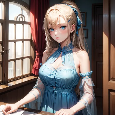 Lonely girl, at home, wearing a chiffon blue dress with exposed shoulders and a decorative top collar covering the chest