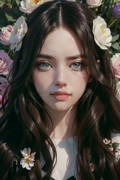 A womans face，Dark bright eyes，Jet black smooth hair，Surrounded by flowers in all directions，Red roses，White rose，Purple tulips，Pink tulips，A sky full of white stars，Green eucalyptus leaves