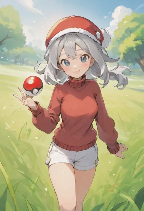 Hi-Res, 1womanl, 独奏,Holding a Poké Ball in Your Hands, grey  eyes, white  hair, Red Cap Hat, Red knitted turtleneck with long sleeves, White shorts, a belt,  Grassy, deph of field, The best smile, Have a Poké Ball, put hands on the hip