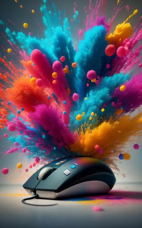 a closeup of a computer mouse with colored powder flying out of it, colorful octane render, colorido 4k, colorido 8 k, colorido 4K HD, Color Explosion, cores do bipe, colorful vivid octane render, cinema 4d render colorido, pintura digital. octan render, c...