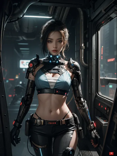 1 Cyberpunk girl, futuristic, mechanical aesthetics, complex machinery, high-tech lighting scene of futuristic city in the background, virtual engine 5, close-up cowboy shot, cinematic lighting.