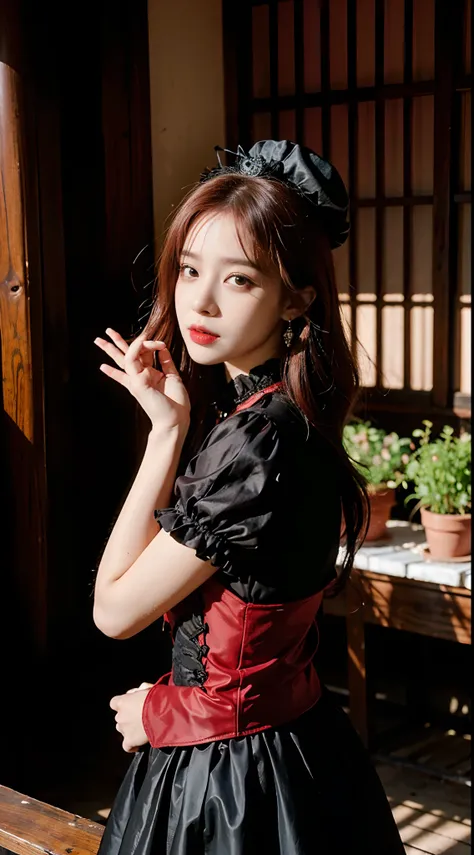 (8k, RAW photo, best quality, mastery:1.2), (realistic, photo-realistic:1.37), (aegyo sal:1), Malicious gal dressed in a red tutu and black top, a portrait inspired by Louis Grell, deviantart, gothic art, wearing modern gothic clothes, red and black costum...