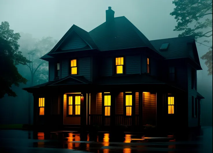 cinematic image of a haunted house, broken windows, lots of darkness and lots of rain.