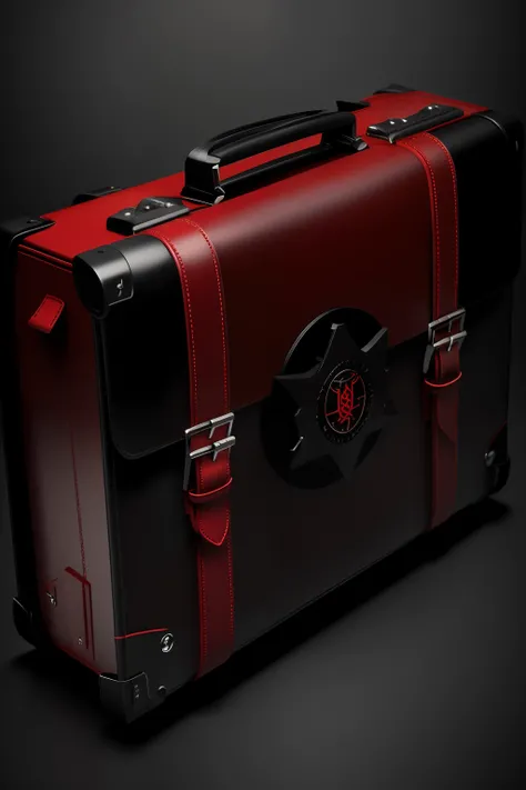 Concept art of a black and red leather briefcase with two straps, briefcase, a lot of details, Briefcase with the image of the sign of Satan, Durable parts, brutalism, Leather briefcase, 3/4 types, 3 / 4 types, Features: intricate detailing, Photo in the m...