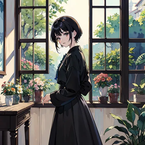 ((Watercolor by singer Sargent))、(top-quality、​masterpiece)、1girl in、sixteen years old、A stunning、Short black hair、tiny chest、校服、long  skirt、Botanical Garden、Flower Shop、The table、florals、window、houseplant、 The tree,