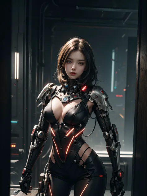 1 Cyberpunk girl, futuristic, mechanical aesthetics, complex machinery, high-tech lighting scene of futuristic city in the background, virtual engine 5, close-up cowboy shot, cinematic lighting.