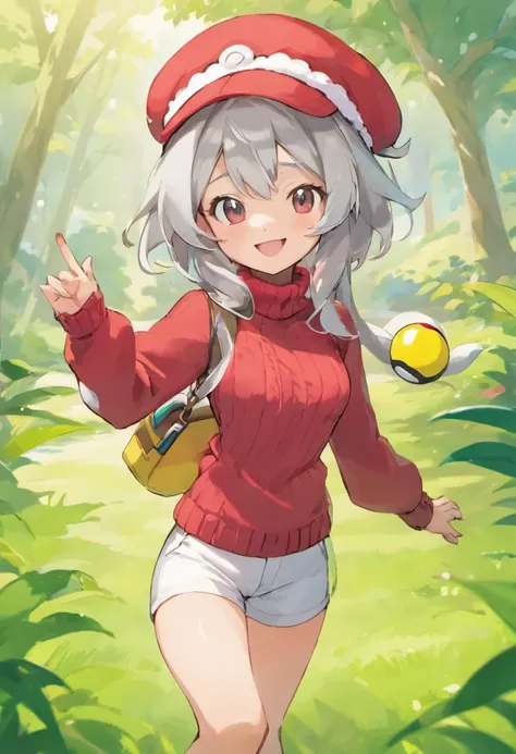 Hi-Res, 1womanl, 独奏,Holding a Poké Ball in Your Hands, grey  eyes, white  hair, Red Cap Hat, Red knitted turtleneck with long sleeves, White shorts, a belt,  Grassy, deph of field, The best smile, Sticking out the arm holding the pokéball, put hands on the...