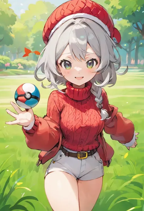 Hi-Res, 1womanl, 独奏,Holding a Poké Ball in Your Hands, grey  eyes, white  hair, Red Cap Hat, Red knitted turtleneck with long sleeves, White shorts, a belt,  Grassy, deph of field, The best smile, Sticking out the arm holding the pokéball, put hands on the...