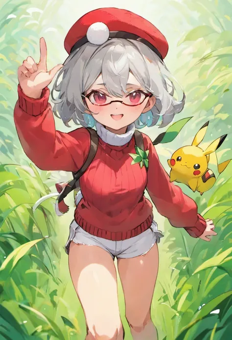 Hi-Res, 1womanl, 独奏,Holding a Poké Ball in Your Hands, grey  eyes, white  hair, Red glasses,Red Cap Hat, Red knitted turtleneck with long sleeves, White shorts, a belt,  Grassy, deph of field, The best smile, Stick out the arm holding the poké ball, put ha...