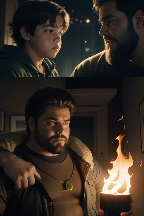 9 years-old boy passing the torch to a chubby hairy man, energetic and intense scene, in the Style of Jean "Moebius" Girard and Milo Manara. Resolution: 8K, highly detailed."