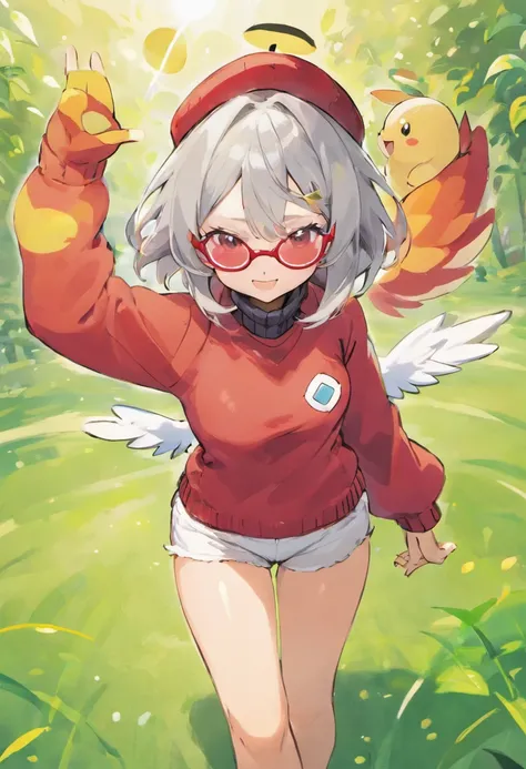 Hi-Res, 1womanl, 独奏,Holding a Poké Ball in Your Hands, grey  eyes, white  hair, Red glasses,Red baseball cap with wings on the left and right sides, Red knitted turtleneck with long sleeves, White shorts, a belt,  Grassy, deph of field, The best smile, Sti...