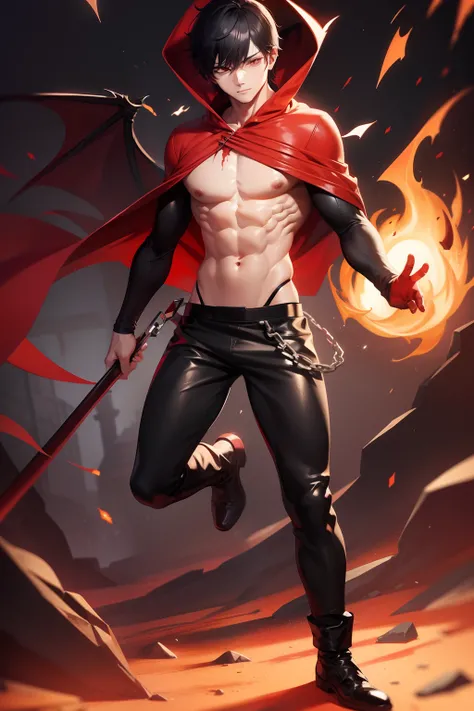 Demon Chen topless male muscular Torn clothes Hood Black hair Fire Full body Marks on body Dirty Red crystals on body