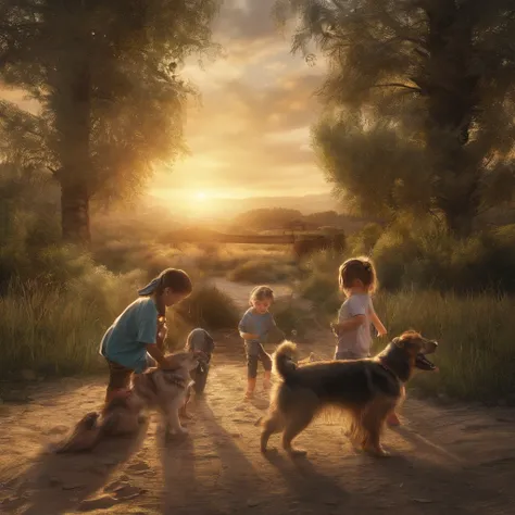 paisagem, por do sol, Children playing and dogs