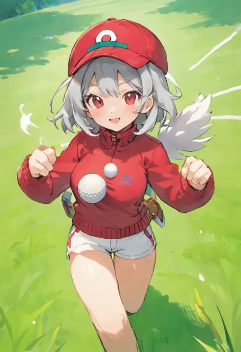 Hi-Res, 1womanl, 独奏,Holding a Poké Ball in Your Hands, grey  eyes, white  hair, Red glasses,Red baseball cap with small feathers, Red knitted turtleneck with long sleeves, White shorts, a belt,  Grassy, deph of field, The best smile, Stick out the arm hold...