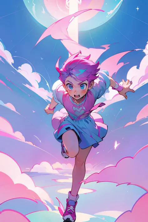 magical boy running in the sky, pink aesthetic