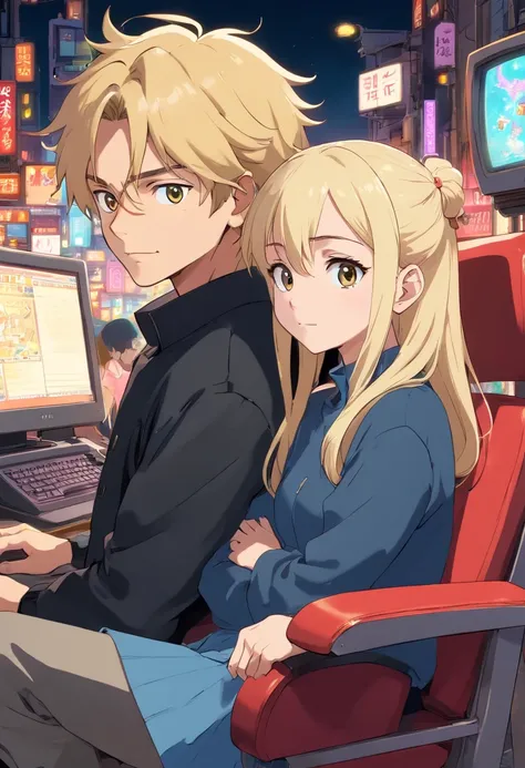 couple.Guy and girl. A guy about 25 years old in a black jacket, earring in the ear, blonde hair falls on the forehead. A girl with long dark hair sitting on a guys lap. The girl is about 18 years old. Sitting on the same chair. in front of a computer. Neo...