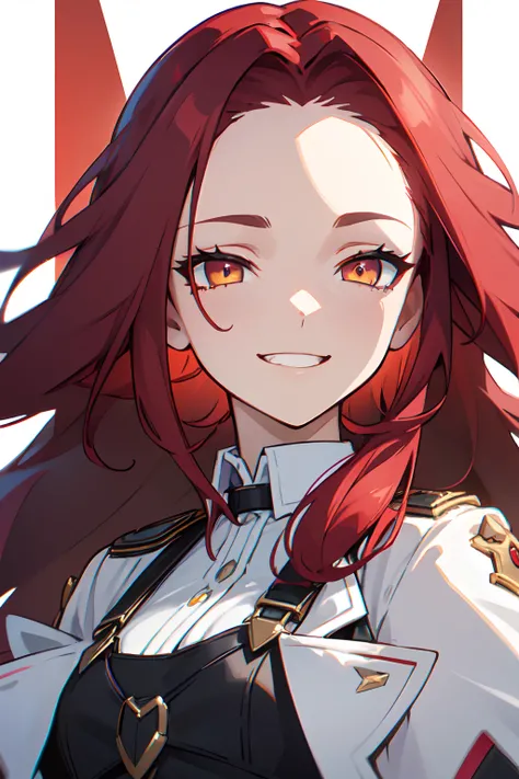 1girl, woman, solo, long hair, big hair, (forehead:1.2),, yellow eyes, ((scarlet red hair)), medium breasts, devilish grin, smug, evil smile, white hair, (overcoat, black coat, open coat:1.2), white shirt, collared shirt, (chest harness, shoulder strap:1.1...