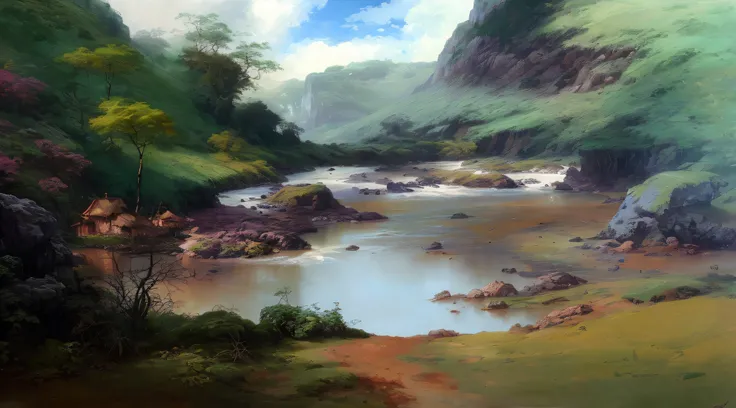 pintura de um rio com uma montanha ao fundo, oil digital painting, 8k resolution digital painting, 8k resolution digital painting, inspirado em Thomas Moran, smooth oil painting, em pintura digital impressionante, Pintura digital 4K, Pintura digital 4k, pi...