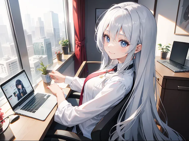 s Office、Woman using laptop、silber hair、Semi-long hair、White shirt、A smile