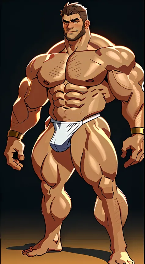 A muscular man，short detailed hair，Slag，musculous，vast pecs，Wide shoulders，Thick-breasted，Bare upper body，Thigh-toe unobstructed，Clothes are not covered，white thong，Huge crotch bulge，The heros standing posture，Look into the distance，full bodyesbian，in a pa...