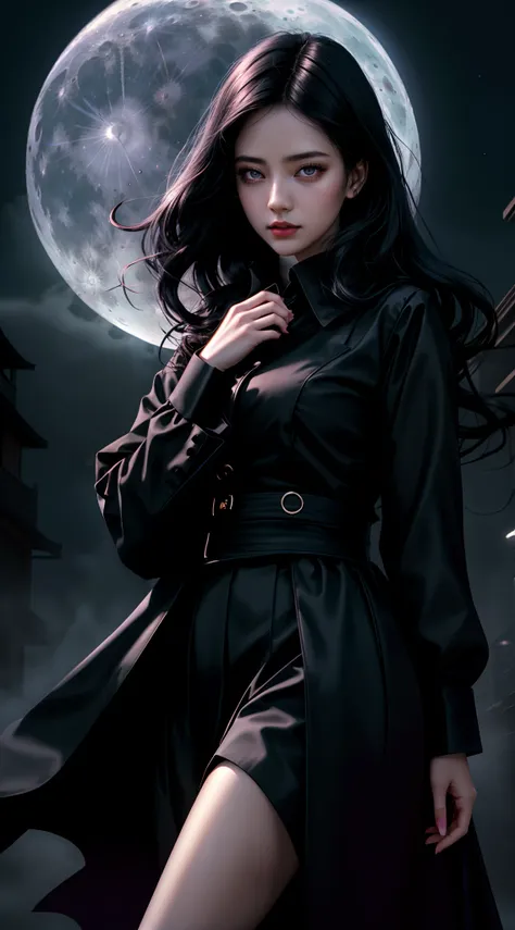 Photo realistic, Horror theme, realistic high quality masterpiece,1girl, (beautiful) Japanese female,ultra detailed face, age 27,symmetrical face & eyes, glowing violet eyes,pale skin, wavy long black hair, walking down dark foggy, moonlit alley large moon...