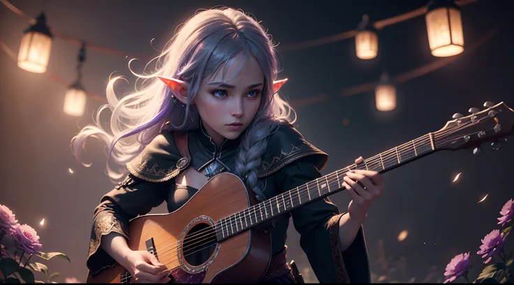 Drow elf playing guitar on a stage with the starry sky, flowers, , fireflies , full moon, (detailed), firefly, night, (cold light source:1.2), purple, fire particles, colors, complex details, volumetric lighting, realistic fantasy BREAK (masterpiece:1.2), ...