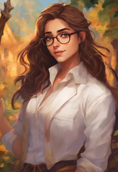 Mulher  com cabelo marrom, com a cor dos olhos marro, wearing a pair of glasses and white lab coat, e uma blusa preta, and also with jeans and put on