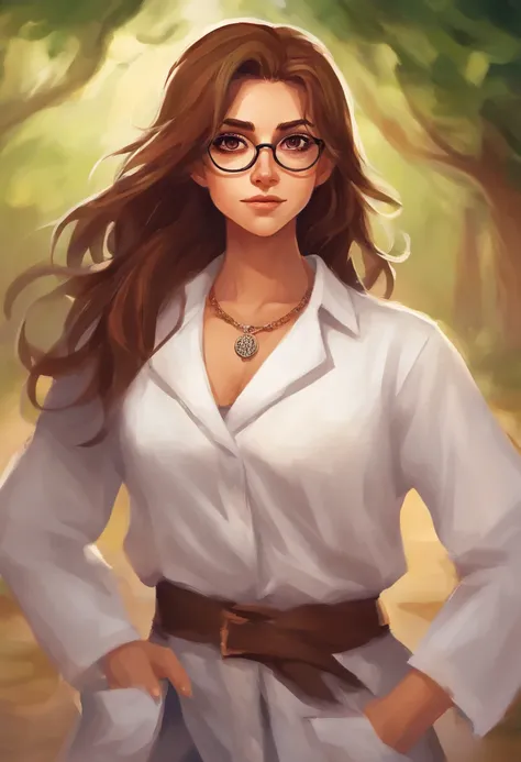 Mulher  com cabelo marrom, com a cor dos olhos marro, wearing a pair of glasses and white lab coat, e uma blusa preta, and also with jeans and put on