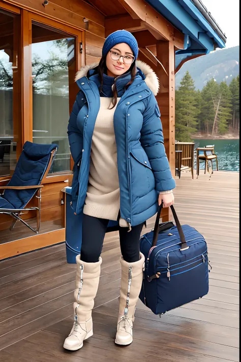 Make a woman with big breast, Blue long winterjacket , with open zipper, with face, body, Lakeside house, travel bag, dog,Nude