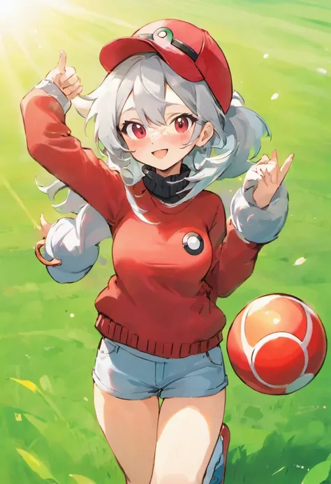 Red glasses,Hi-Res, 1womanl,Pose with your arms stretched forward, 独奏,Holding a Poké Ball in Your Hands, grey  eyes, white  hair, Red glasses,Red Baseball Cap, Red knitted turtleneck with long sleeves, White shorts, a belt,  Grassy, deph of field, The best...