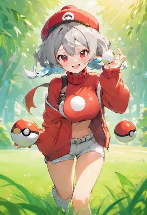 Red glasses,Hi-Res, 1womanl,Pose with your arms stretched forward, 独奏,Holding a Poké Ball in Your Hands, grey  eyes, white  hair, Red glasses,Red Baseball Cap, Red knitted turtleneck with long sleeves, White shorts, a belt,  Grassy, deph of field, The best...