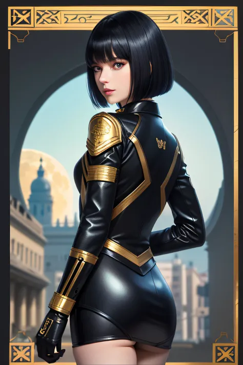 (masuter piece,Best Quality,Ultra-detailed), (A detailed face), Movie Posters, hight resolution, 1girl in, (front-facing view), (cyberpunked), (Lucy), Black hair, (black hair with  bangs), (bob cuts), Black and blue two-tone hair, Gold Eye, Villain, black ...