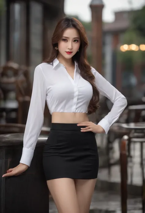 ((Best Quality, 8K, masutepiece :1.3)), Sharp Focus :1.2, A pretty woman with perfect figure :1.4, Slender Abs :1.2, ((Layered longhair, Big breasts :1.2)), (White shirt :1.3), Office wear, Mini Very Short Black Skirt (a sultry) ((agitation: 1.5)), Night: ...