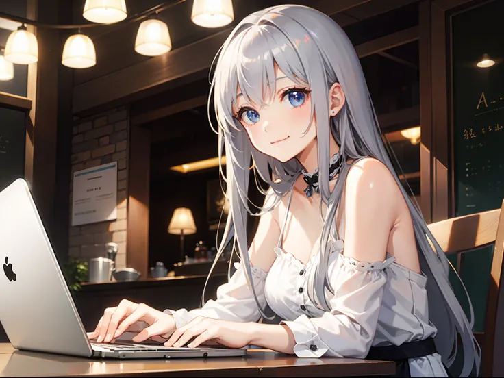 Open Cafe、brightened light、Woman using laptop、silber hair、Semi-long hair、A smile