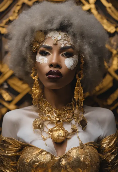 Ghotic woman afro cut with big bare breasts and piercing on the nipples of gold chains