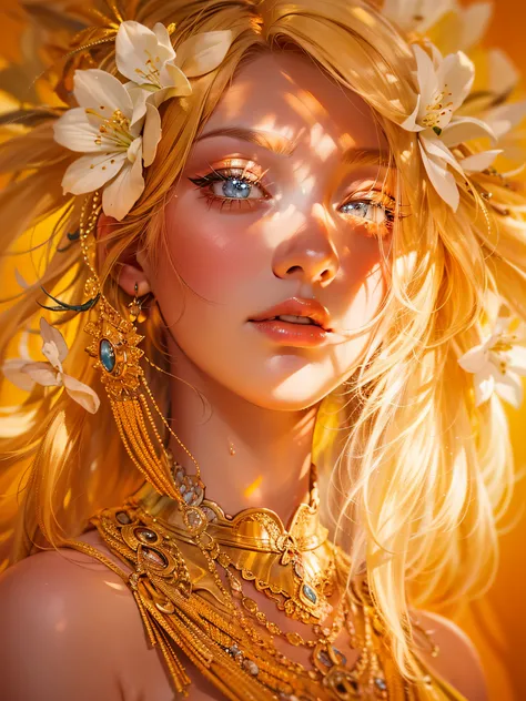 Beautiful Orange Blossom Princess, Arnouveau style, symmetrically, fondness, sunlight rays, airiness, grace, Floral ornament, chiffon, Silk, Correct eye proportions, expressive eyes, long eyelashes, plump wet lips, Texture skins for the face, A lot of air,...