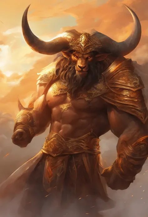 Um majestoso Minotauro, with an imposing bulls head adorned with deep spiral horns, olhos expressivos. atletic, vestes rasgadas. The bulls skin is dark brown and covered by a thin, pelagem curta. Hes on his feet, Pronto para a Batalha, a large axe in one h...