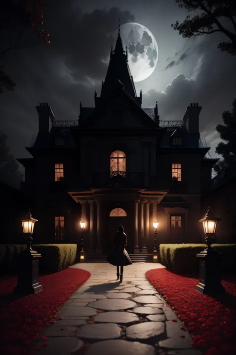 dark dark dark mansion full moon night with path of red roses planted around the stones to the entrance of the mansion, Woman with black hair heading towards the front door