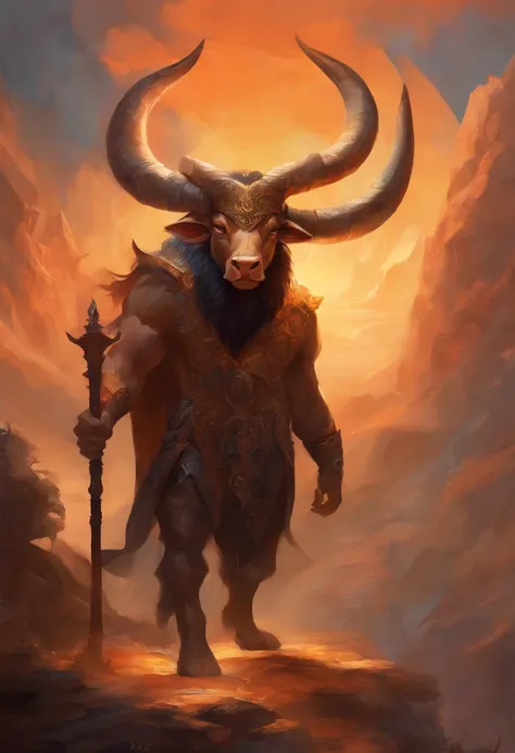 Um majestoso Minotauro, with an imposing bulls head adorned with deep spiral horns, olhos expressivos, atletic, vestes rasgadas. The bulls skin is dark brown and covered by a thin, pelagem curta. Hes on his feet, Pronto para a Batalha, a large axe in one h...