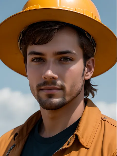 masterpiece, highest quality, RAW, style, A stunning half-body portrait of an extremely handsome man, messy light brown hair, pale skin, vibrant honey eyes, wearing a brown a hard hat, blue T-shirt, installing solar panels, deep focused expression, (highly...