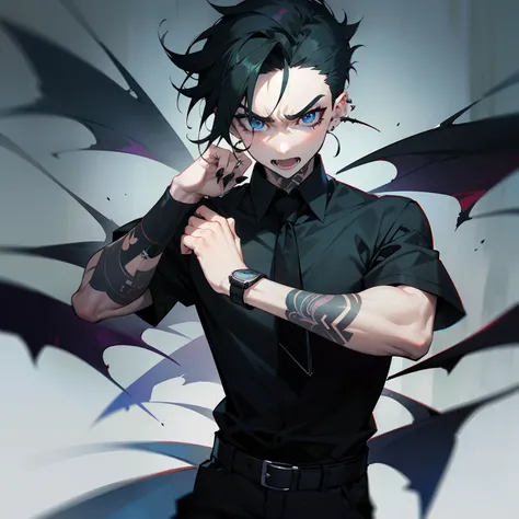 Man in shirt and tie, Male Focus, a belt, Black shirt, The tattoo, Short sleeves , Short hair, Black Short Sleeve Polo Shirt, Green tie, Black pants, punk, Raised eyebrows, Floppy bangs, Spiky back hair, Undercut , Simple black earrings, devil, Bat, Angry ...