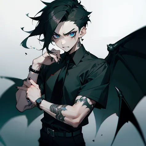 Man in shirt and tie, Male Focus, a belt, Black shirt, The tattoo, Short sleeves , Short hair, Black Short Sleeve Polo Shirt, Green tie, Black pants, punk, Raised eyebrows, Floppy bangs, Spiky back hair, Undercut , Simple black earrings, devil, Bat, Angry ...