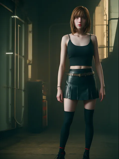 13 year old girl, spaghetti strap tank top, skirt and dark tights, photo-realistic, cinematic scene, hyperrealistic, ray tracing, HDR, best quality, High resolution, 8K