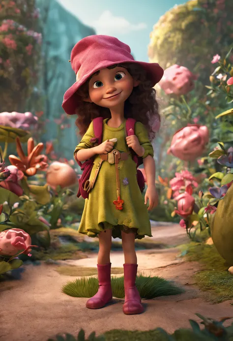 Personagem coelho, femea, personagem de historia infantil, com seis anos de idade, Shes in an enchanted forest, com flores ao redor, Estilo Pixar, 3D, desenho animado, ultrarealista, asymmetrical design