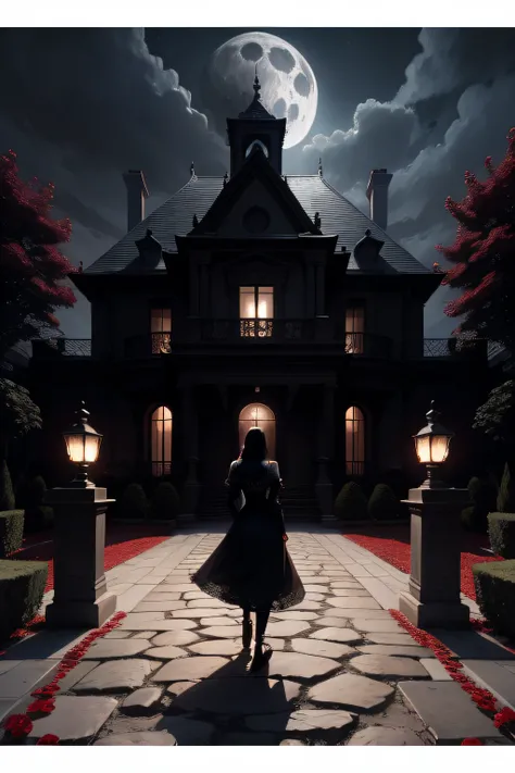 dark dark dark mansion full moon night with path of red roses planted around the stones to the entrance of the mansion, Woman with black hair heading towards the front door