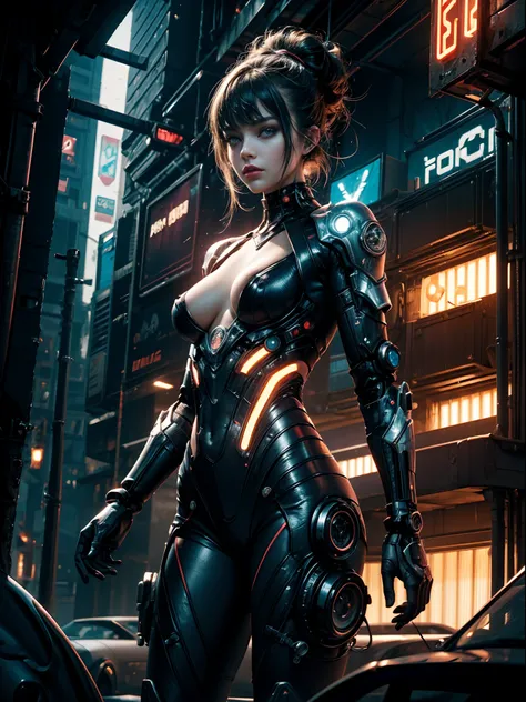 1 Cyberpunk girl, cowboy shot, (NSFW),  futuristic, mechanical aesthetics, complex machinery, high-tech lighting scene of futuristic city in the background, virtual engine 5, cinematic lighting.